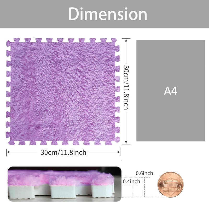 JADERLU 16pcs 0.6" Thickened Interlocking Tile Mats,Fluffy Shaggy Soft EVA Foam Area Rug for Living Room & Bedroom,Non-Slip Protective Floor Carpet Play Mat Kids Baby Dorm Home Decor (11.8ft, Purple) - Image 2